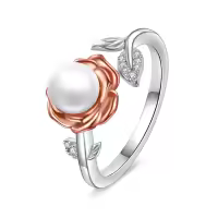 wholesale 925 Sterling Silver Pearl & Crystal Rose Flower Adjustable Rings Wholesale for Women Girls-rose flower
