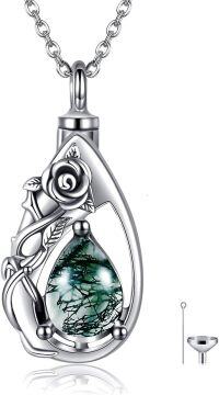 wholesale 925 Sterling Silver Green Tourmaline Rose Teardrop Cremation Necklace with Funnel and Fill Tool - Memorial Keepsake Jewelry-Rose&Moss Agate