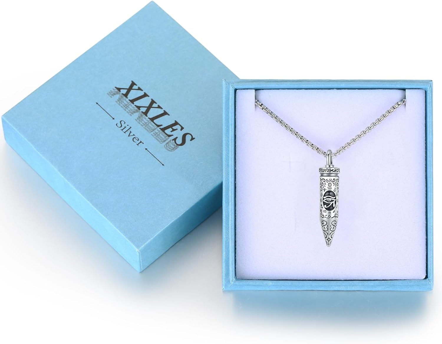 925 Sterling Silver Egyptian Eye of Horus Cylinder Urn Necklace with Funnel and Chain-0-7