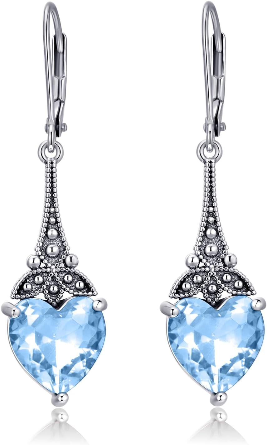 wholesale Sterling Silver 10mm Heart Crystal Leverback Vintage Drop Dangle Earrings-Aqua Blue