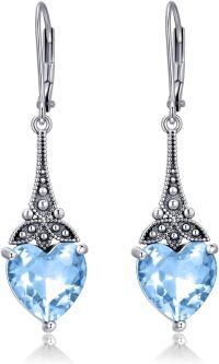 wholesale Sterling Silver 10mm Heart Crystal Leverback Vintage Drop Dangle Earrings-Aqua Blue