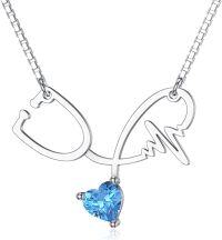 wholesale 925 Sterling Silver Blue Crystal Heartbeat Stethoscope Pendant Necklace for Nurses-Blue Topaz