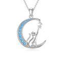 wholesale 925 Sterling Silver Moon & Cat Pendant Necklace Gifts for Women Girls Cats Lover Jewelry Blue Crystals Charm Necklaces-0-0