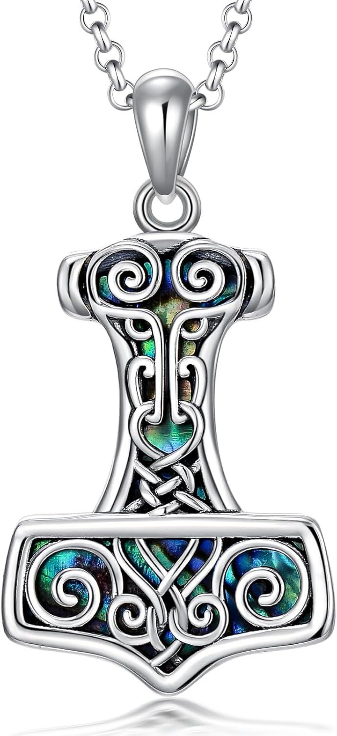 Sterling Silver Moss Agate Turquoise Clover Ankh Sun Compass Necklace w Butterfly Dragonfly Bee Pendant Women s Gift-Thor Hammer
