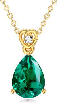 wholesale 14K Gold Diamond (I2 I3) 2Ct Teardrop Birthstone Necklace for Women-Created Emerald