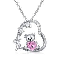 wholesale 925 Sterling Silver Crystal Teddy Bear Necklace Birthstone Jewelry Gift for Women-10-October Birthstone