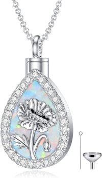 wholesale Sterling Silver Opal Birth Flower Urn Necklace for Ashes 12 Month Memorial Jewelry-08-August-Poppy-08-August-Poppy+Text