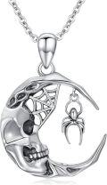 wholesale 925 Sterling Silver Halloween Pendant Moon Skull with Spider Charm Necklace Gifts for Women and Girls-0-0