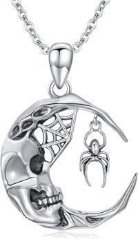 wholesale 925 Sterling Silver Halloween Pendant Moon Skull with Spider Charm Necklace Gifts for Women and Girls-Skull