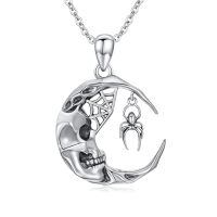 wholesale 925 Sterling Silver Halloween Pendant Moon Skull with Spider Charm Necklace Gifts for Women and Girls-Skull