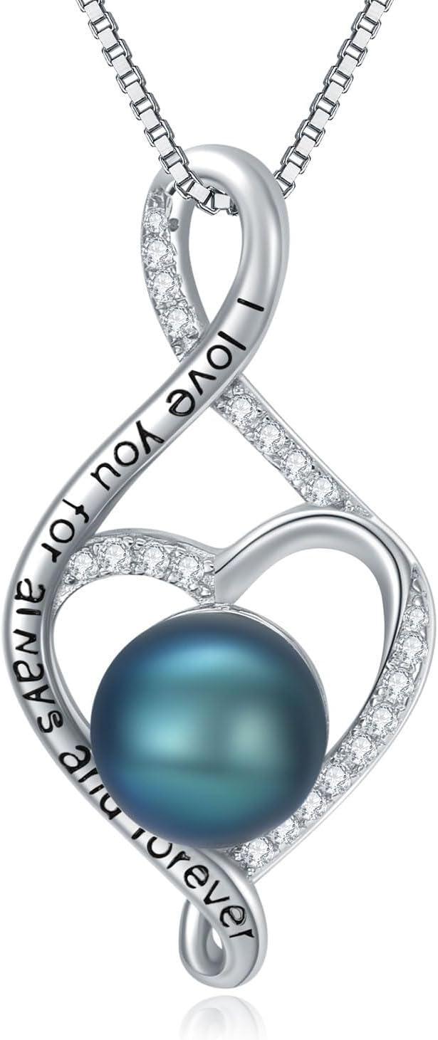 wholesale 925 Sterling Silver Infinity Heart Blue Pearl Pendant Necklace with Cubic Zirconia for Women-0-0