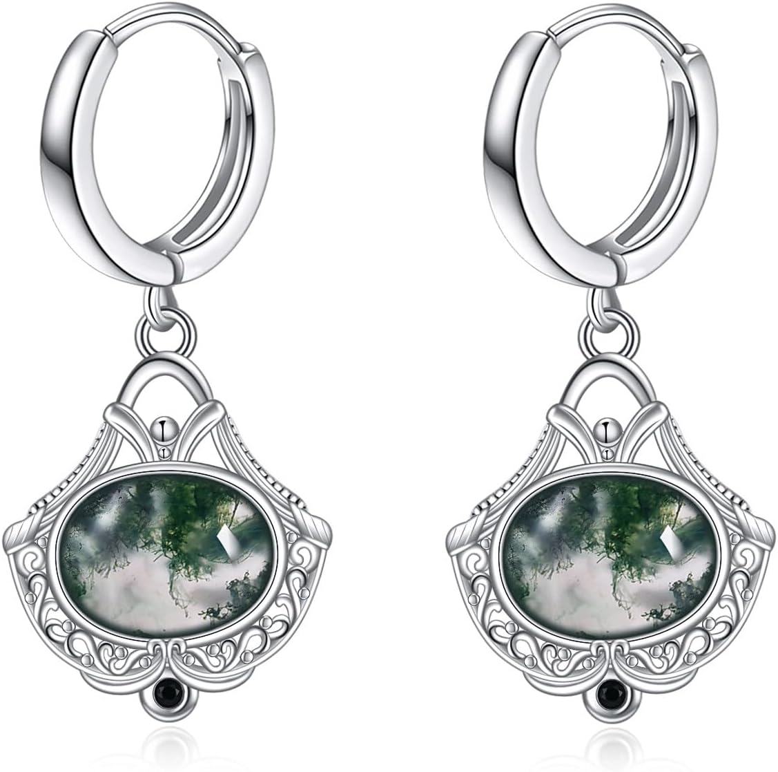 Sterling Silver Moss Agate Nordic Filigree Hoop Earrings Boho Floral Jewelry Gifts-0-1