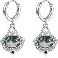 wholesale 925 Sterling Silver Moss Agate Nordic Filigree Huggie Hoop Earrings - Bohemian Style Flower Jewellery Gift for Women-Moss agate hoop earrings