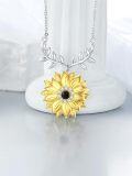 wholesale 925 Sterling Silver Plated Gold Sunflower Necklace with Black Cubic Zirconia Center and Leaf Design - Elegant Gift for Women-0-4