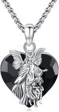 wholesale 925 Sterling Silver Heart-Shaped Guardian Angel Necklace w/Black Onyx Stone & 7 Archangels (Protection/Love)-0-0