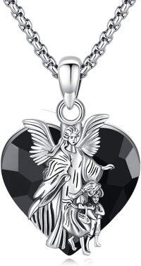 wholesale 925 Sterling Silver Heart-Shaped Guardian Angel Necklace w/Black Onyx Stone & 7 Archangels (Protection/Love)-Style A-Guardian Angel-Heart
