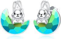 wholesale 925 Sterling Silver Rabbit Crystal Stud Earrings Hypoallergenic Jewelry for Women Girls Kids 8mm Round Green Blue Colorful Gemstone Animal Design Fashion Gift Boxed-Rabbit