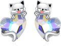 wholesale 925 Sterling Silver Heart-Shaped Cat Stud Earrings with Crystal Accents - Gift Ideas for Her-0-0