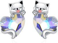 wholesale 925 Sterling Silver Heart-Shaped Cat Stud Earrings with Crystal Accents - Gift Ideas for Her-Cat Earrings
