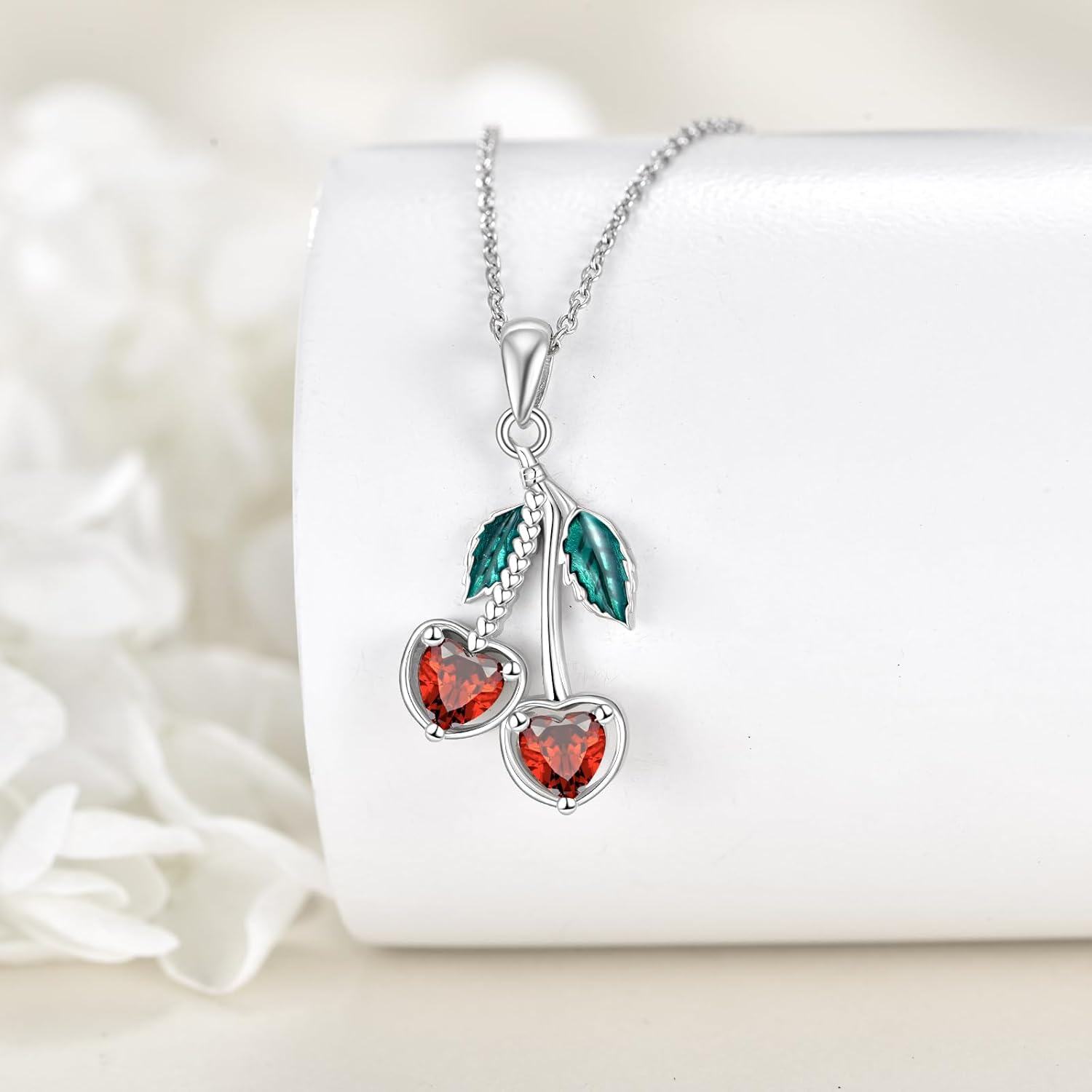 925 Sterling Silver Cherry Heart Pendant Red Crystal Fruit Charm Necklaces for Women Gifts-0-2