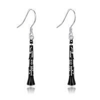 wholesale 925 Sterling Silver Clarinet Black Enamel Drop Earrings For Music Lovers-Clarinet