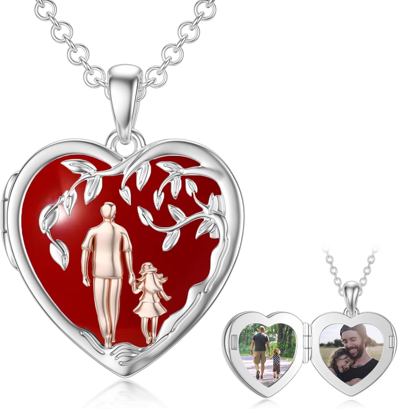 Sterling Silver Abalone Shell Daughter Locket Necklace Gift from Mom Dad-02-06-Father Daughter Locket-Red Agate-02-06-Father Daughter Locket-Red Agate+ Photo