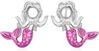 wholesale 925 Sterling Silver Mermaid Stud Earrings with Purple and Blue Stones-Pink