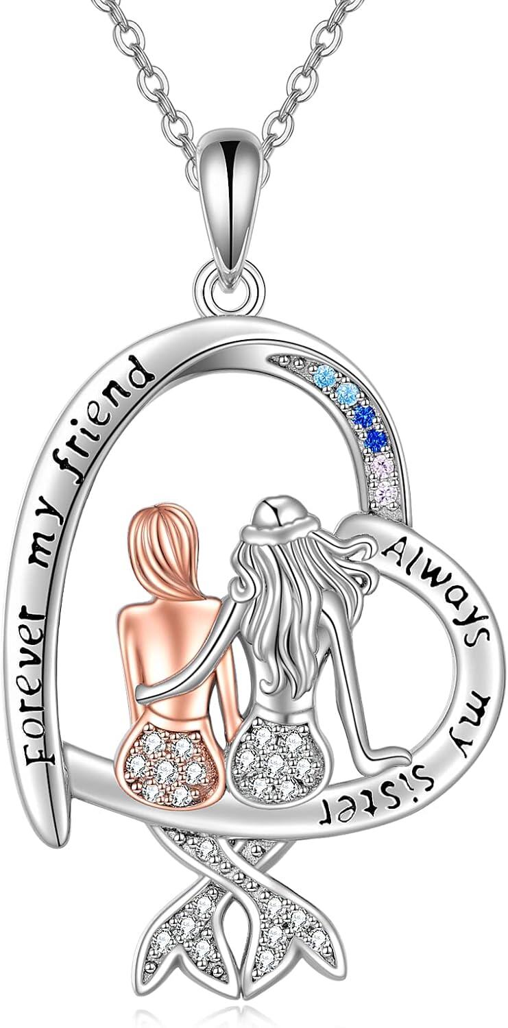 Sterling Silver Crystal Mermaid Necklace Sister Jewelry Gift for Women-A-Heart