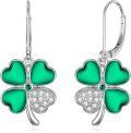 wholesale 925 Sterling Silver Green Enamel Four-Leaf Clover Dangle Earrings for Women-0-0
