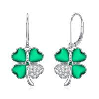 wholesale 925 Sterling Silver Green Enamel Four-Leaf Clover Dangle Earrings for Women-01-Four Leaf Clover Earrings