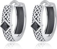 wholesale 925 Sterling Silver Metal Black Onyx Celtic Knot Huggie Hoop Earrings for Men-Celtic Hoop Earrings-Silver