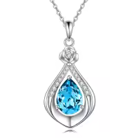 wholesale 925 Sterling Silver Moss Agate Turquoise Larimar Aquamarine Opal Black Onyx Rose Quartz Moonstone Pendant Necklace-Aquamarine