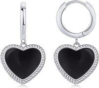 wholesale Sterling Silver Gemstone Heart Huggie Earrings for Women-Black Onyx