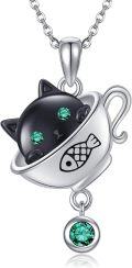 wholesale Sterling Silver & Green Zircon Cat Necklace with Playful Cup Pendant & Black Kitten Charm-0-0