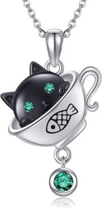 wholesale Sterling Silver & Green Zircon Cat Necklace with Playful Cup Pendant & Black Kitten Charm-Cat
