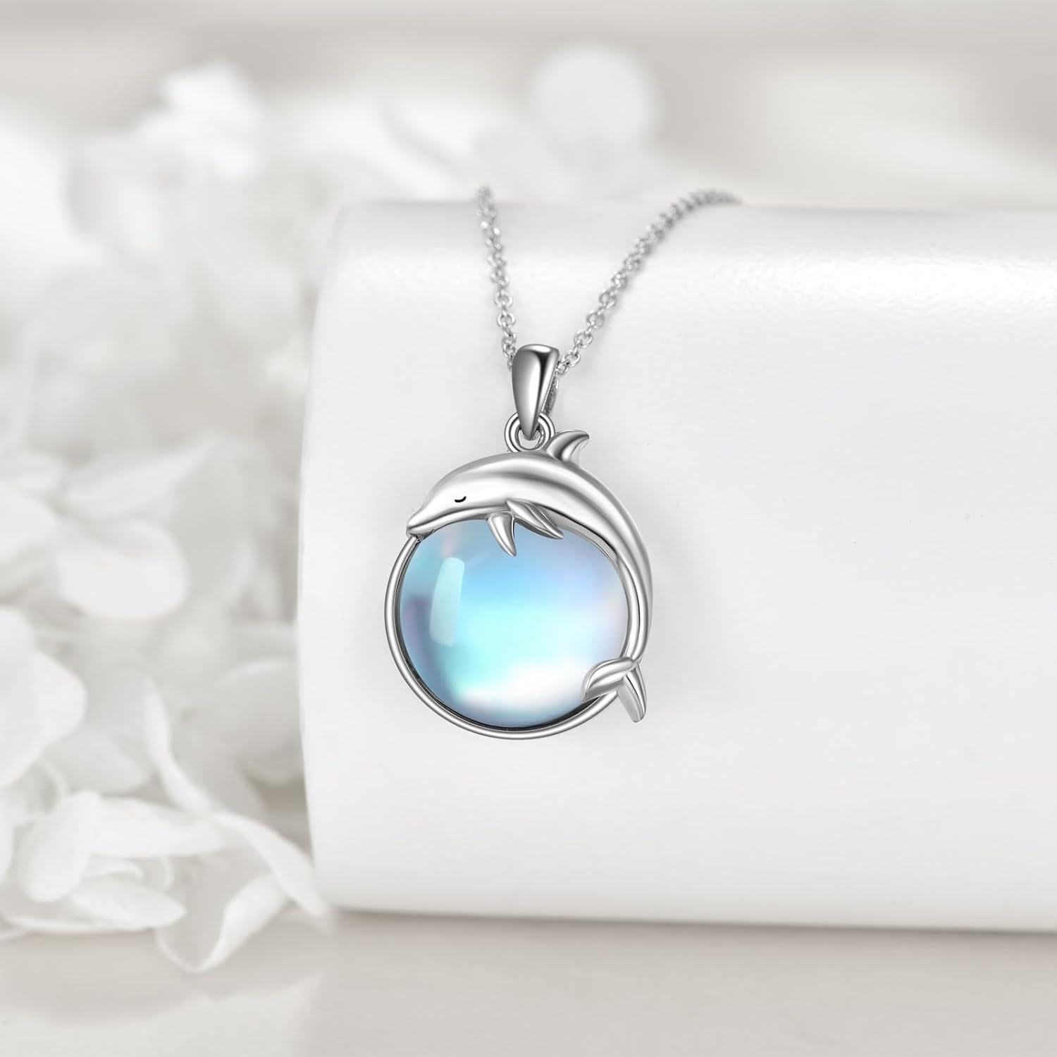 925 Sterling Silver Dolphin Blue Moonstone Pendant Necklace for Women's Gifts-0-4