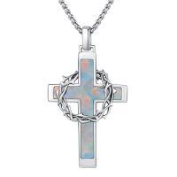 wholesale 925 Sterling Silver Labradorite Stone Cross & Crown Of Thorns Pendant Christian Jewelry For Men/Women-Cross White Opal