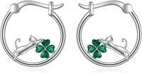 wholesale 925 Sterling Silver Cat Clover Hoop Earrings - Adorable Lucky Charm Gift for Her-Silver cat hoop earrings