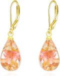 wholesale 925 Sterling Silver Pink Pressed Flowers Gold Leaf Drop Leverback Earrings-0-0