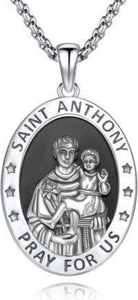 wholesale Sterling Silver Archangel Medals St Pendant Necklace for Men Women-61-St Anthony(oval obsidian-silver)