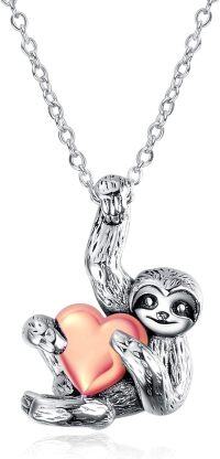 wholesale 925 Sterling Silver Pink Enamel Heart Sloth Charm Pendant Necklace for Women and Girls-Rose gold heart