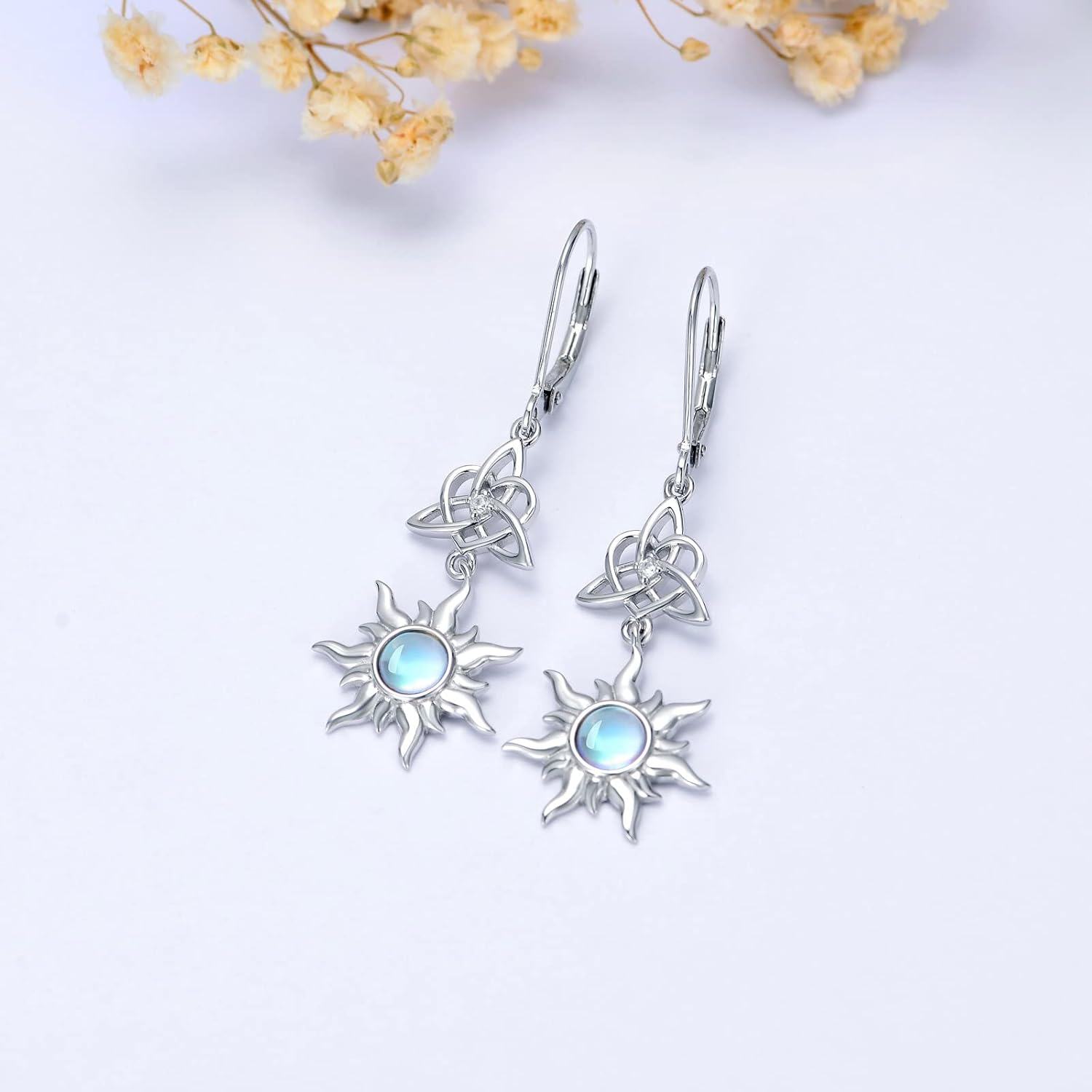 925 Sterling Silver Celtic Moonstone Sun Leverback Filigree Drop Earrings-0-4
