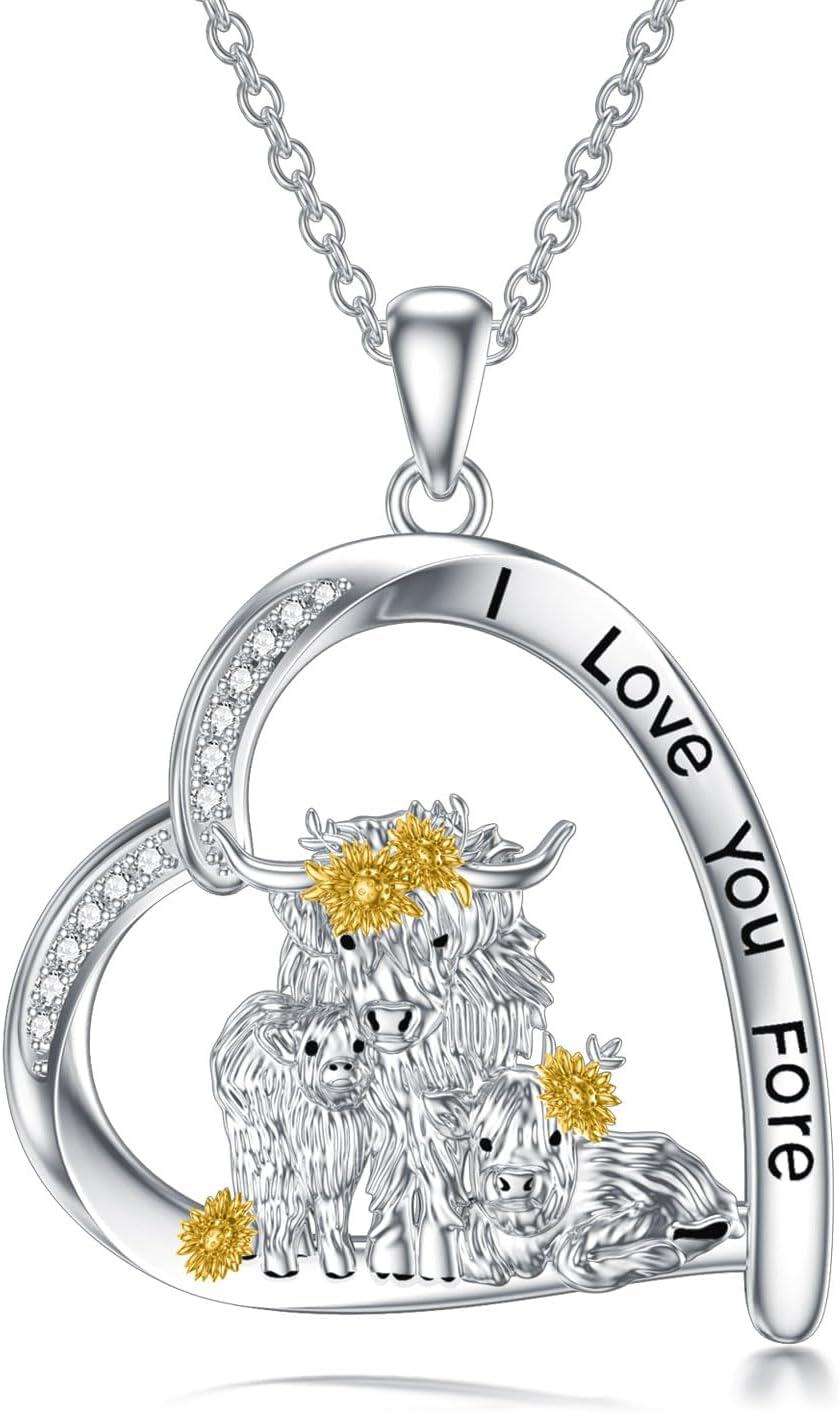 Sterling Silver Highland Cow Birthstone Necklace Jewelry Gifts for Women Girls-Three Highland Cow-Three Highland Cow