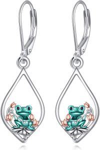 wholesale 925 Sterling Silver Teardrop Frog Lotus Flower Leverback Earrings Gift for Her-Silver Frog Earrings