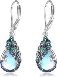 wholesale 925 Sterling Silver Peacock Feather Earrings with Moonstone/Black Onyx/Turquoise/Opal for Women-Moonstone