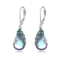 wholesale 925 Sterling Silver Peacock Feather Earrings with Moonstone/Black Onyx/Turquoise/Opal for Women-Moonstone
