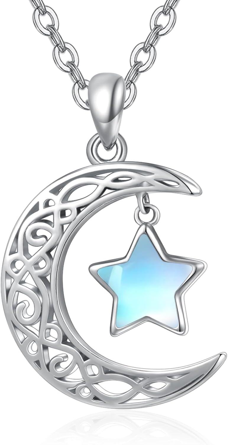 Sterling Silver Moon Star Necklace Celestial Pendant for Women-Moonstone Moon Star