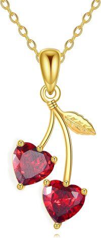 wholesale 925 Sterling Silver Heart-Shaped Red Crystal Leaf Charm Pendant Necklaces for Women Gifts-Cherry