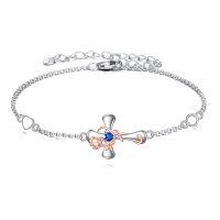 wholesale 925 Sterling Silver Rose Cross Bracelet with Heart-Shaped Sapphires – Adjustable Chain, Elegant Gift-Rose Cross