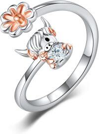 wholesale 925 Sterling Silver Rose Sunflower Highland Cow Adjustable Open Ring for Women-7 Highland Cow Open Ring